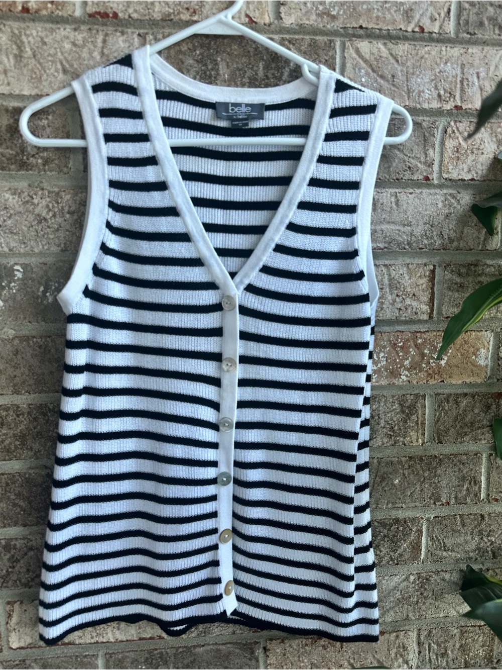 Black & White Striped Minimalist Quiet Luxury Sleeveless Button Front SweaterTop